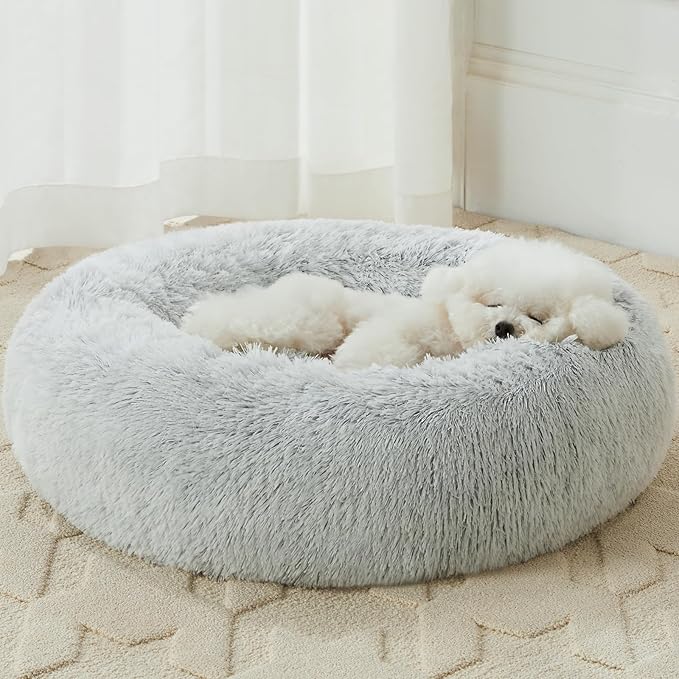 WNPETHOME Calming Dog Bed Cat Bed Donut, Faux Fur Pet Bed Self-Warming Donut Cuddler, Comfortable Round Plush Dog Beds(20 x 20 x 8 Inch, Light Grey)