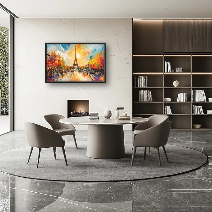 Framed Large Eiffel Tower Wall Art for Living Room, Oversized Paris City Street Landscape Wall Decor, Colorful Sunrise Canvas Painting Modern Artwork for Living Room Bedroom Office 36"x24"