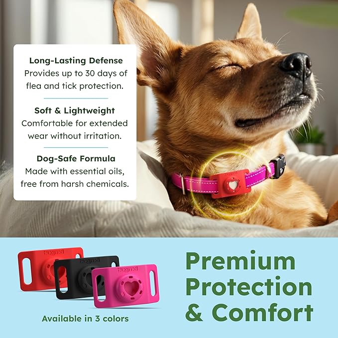 BugMD Paw Guardian Flea and Tick Prevention Pendant for Dogs with AirTag Holder | Plant-Powered Flea & Tick Control for Dog Collars Harnesses | Dog Tag with Air Tag Holder - Red