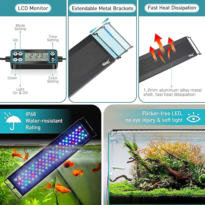 hygger Auto On Off LED Aquarium Light, Full Spectrum Fish Tank Light with LCD Monitor, 24/7 Lighting Cycle, 7 Colors, Adjustable Timer, IP68 Waterproof, 3 Modes for 18"-24" Freshwater Planted Tank