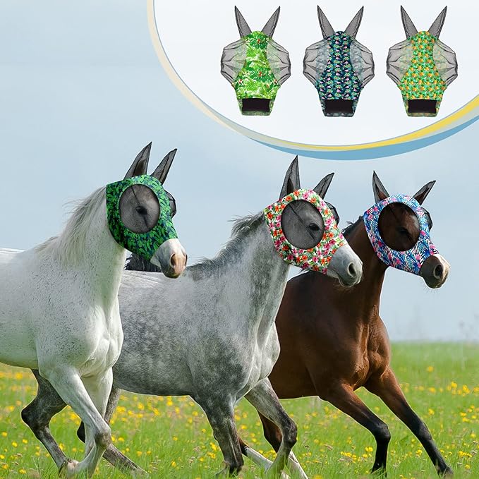 Chunful 6 Pcs Horse Fly Masks with Ears Smooth and Comfortable Cashel Mesh Fly Mask Elasticity Breathability UV Protection Horse Face Covering for Riding Supplies(Flamingo,Medium)