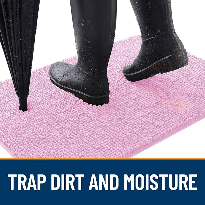OLANLY Dog Door Mat for Muddy Paws 47x20, Absorbs Moisture and Dirt, Absorbent Non-Slip Washable Doormat, Quick Dry Chenille Mud Mat for Dogs, Entry Indoor Entryway Carpet for Inside Floor, Pink