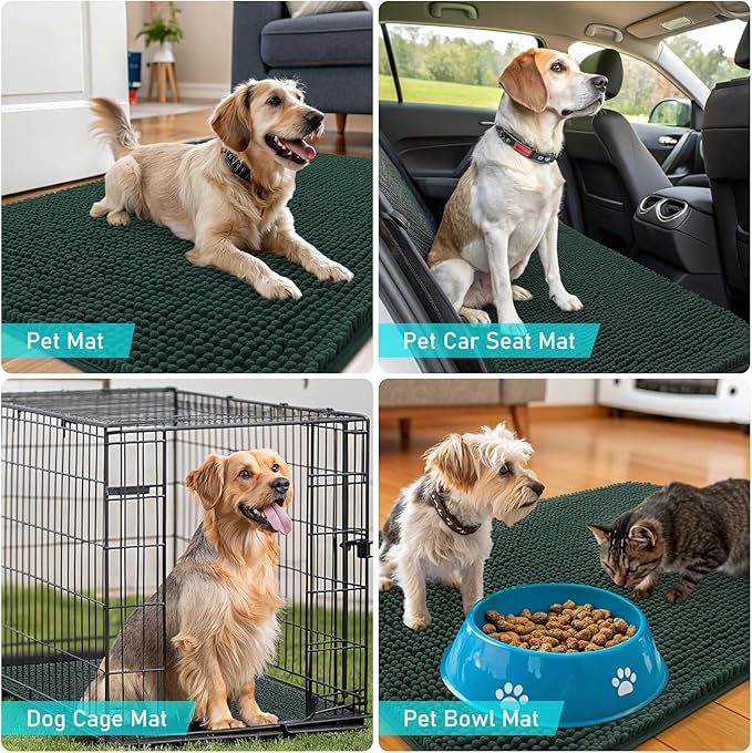 OLANLY Dog Door Mat for Muddy Paws 70x32, Absorbs Moisture and Dirt, Absorbent Non-Slip Washable Doormat, Quick Dry Chenille Mud Mat, Entry Indoor Entryway Carpet for Inside Floor, Blackish Green