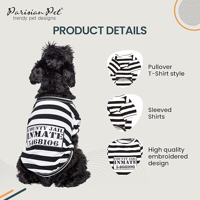 Parisian Pet XL Dog Shirt - Lightweight, Sleeved Black & White Stripes for Large Dogs - 100% Cotton & Polyester - Prisoner Dog Costume