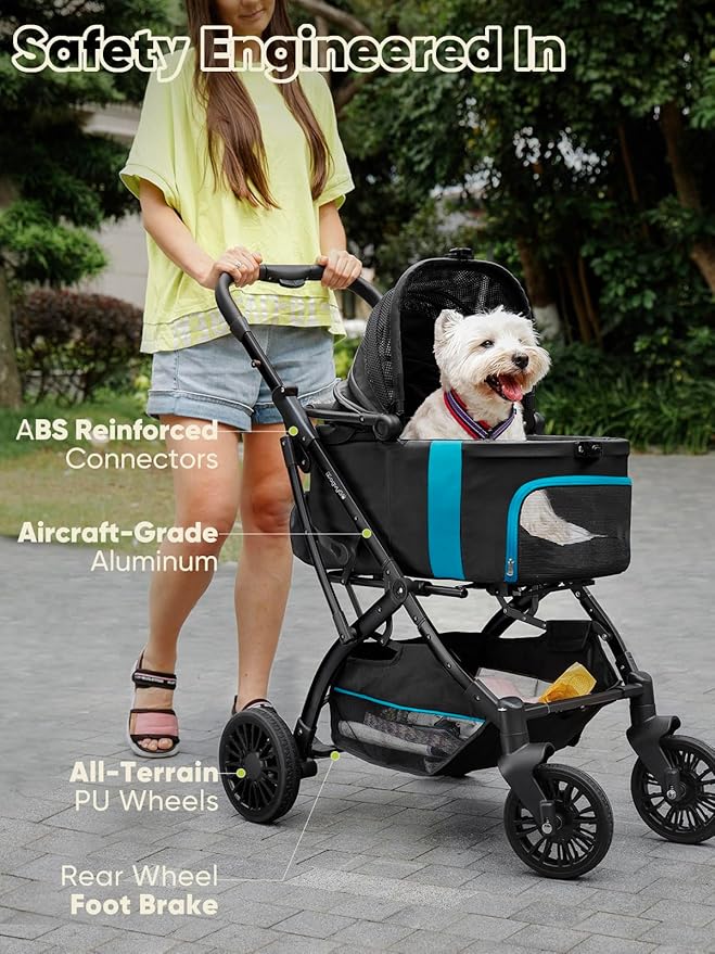 Dog Stroller, Cat Strollers, 5-in-1 Pet Stroller with Detachable Waterproof Carrier for Small/Medium Dogs Cats up to 55lbs, All-in-One Fold Without Detaching Carrier for Dogs Cats 10 lbs to 55 lbs