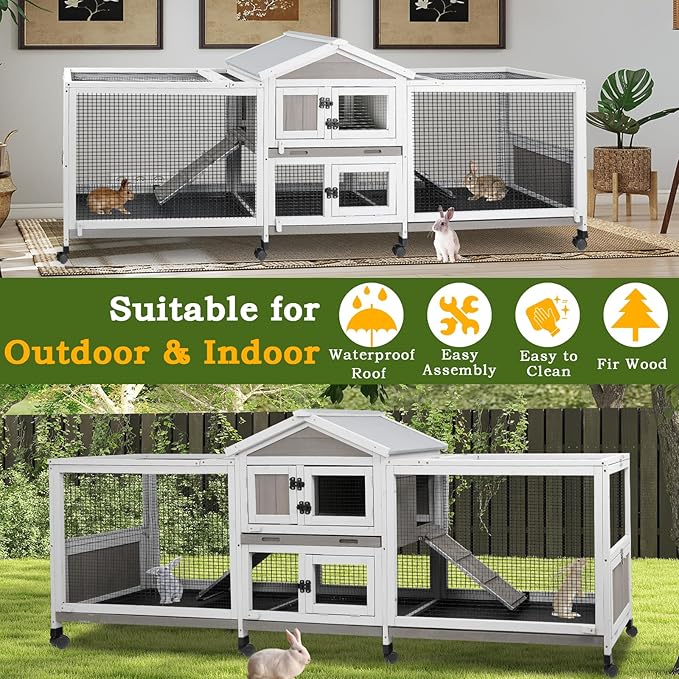 Double Rabbit Hutch Outdoor Indoor Large Bunny Cage with Dual Side Runs, 2-Story Wooden Hutch with 4 Leak Proof Trays, 8 Wheels, Waterproof Roof, Ramp, for Small to Medium Animals