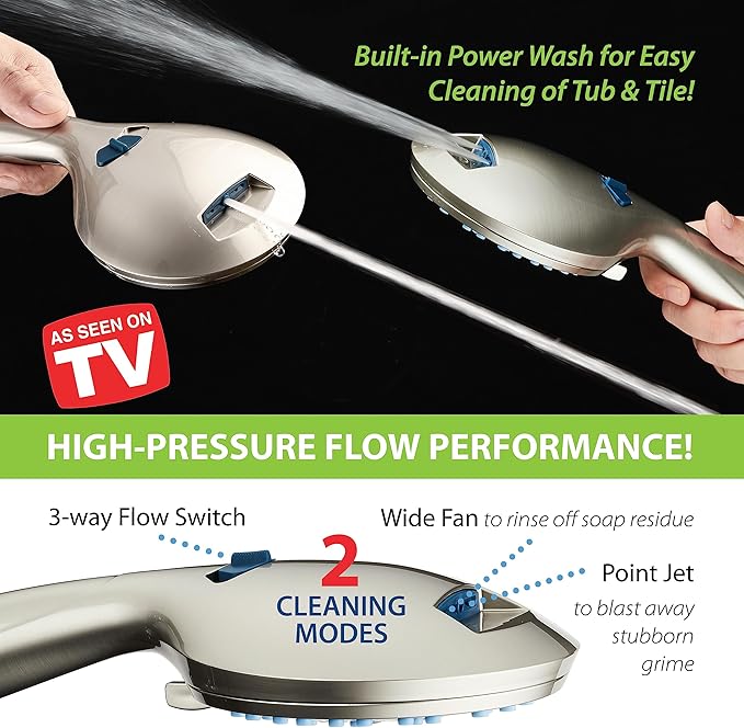 Hotel Spa AquaCare High Pressure 8-mode Handheld Shower Head, Anti-clog Nozzles, Built-in Power Wash to Clean Tub, Tile & Pets, Extra Long 6 ft. Stainless Steel Hose, Wall & Overhead Brackets