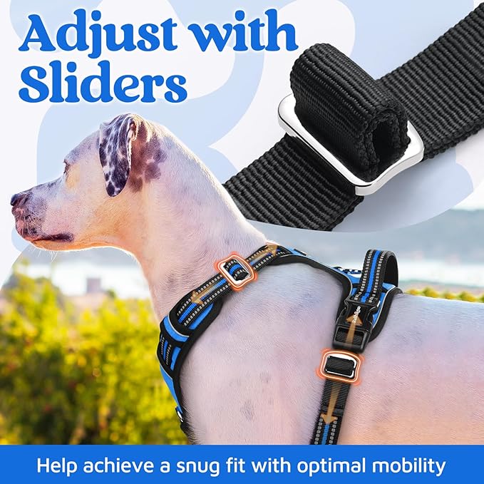 rabbitgoo Dog Harness Medium Sized, No Pull Dog Vest with 3 Buckles, Adjustable Soft Padded Pet Harness with Easy Control Handle and Reflective Strips, Blue, M