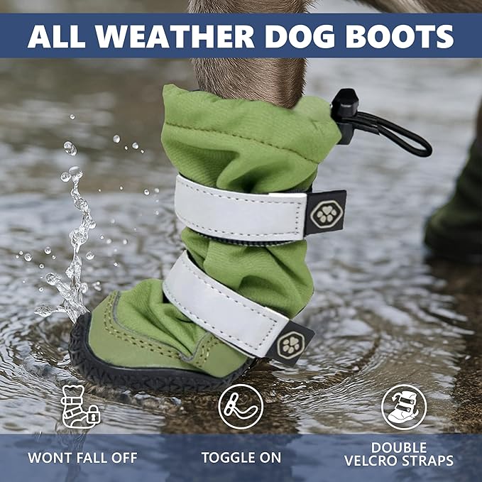 Spark Paws Dog Shoes, Waterproof Dog Boots for Medium to Large Dogs, Non Slip, Breathable Dog Booties and Paw Protectors - 4PCS Doggie Hiking Boots with Reflective Straps - Green, Size 6