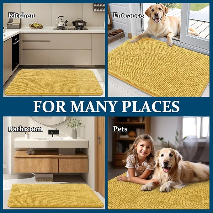OLANLY Dog Door Mat for Muddy Paws 47x20, Absorbs Moisture and Dirt, Absorbent Non-Slip Washable Doormat, Quick Dry Chenille Mud Mat for Dogs, Entry Indoor Entryway Carpet for Inside Floor, Yellow