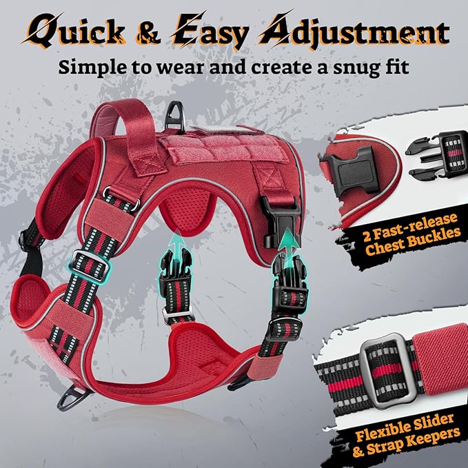 rabbitgoo Dog Harness for Large Dogs No Pull, Tactical Service Pet Vest with Molle and Control Handle, Adjustable and Reflective Military Harness for Easy Walking and Training, Red, XL