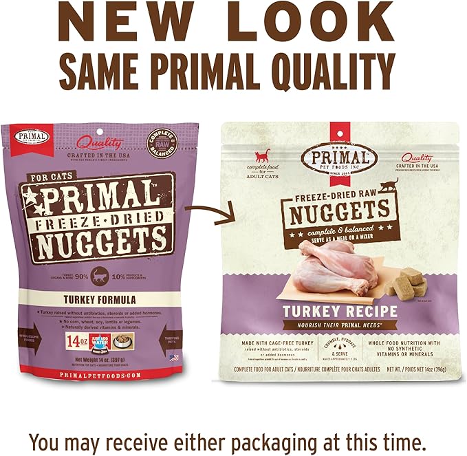 Primal Freeze Dried Raw Cat Food Nuggets Turkey, Complete & Balanced Meal or Topper, Premium, Healthy, Grain Free, High Protein Raw Cat Food with Probiotics (14 oz)