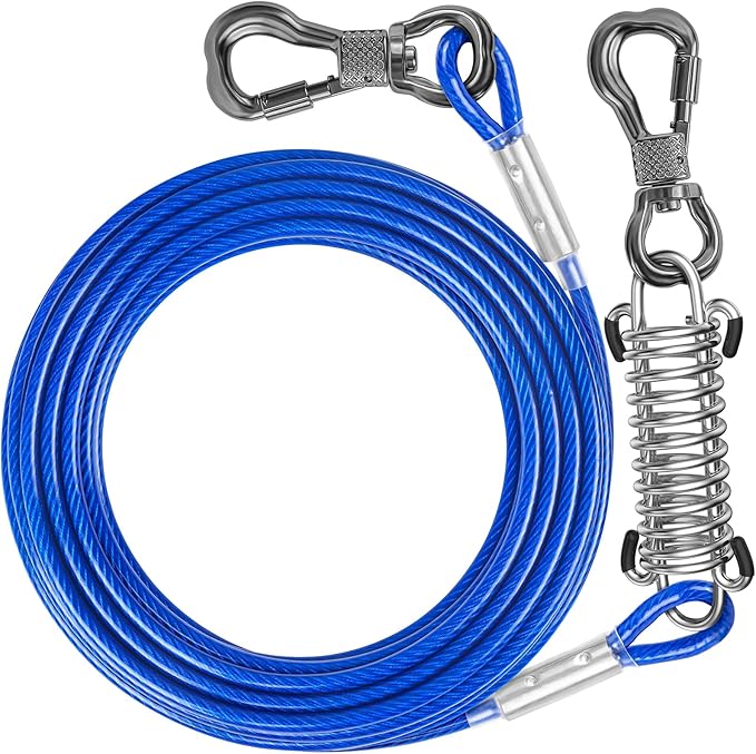 Tresbro 20 FT Dog Tie Out Cable with Spring, Shock Absorbing Tether Chains for Outside Aavilable in 10/15/20/25/30/40/50/70/100/120 FT, Heavy Duty Leads for Yard for Medium & Large Dogs Up to 500 LBS