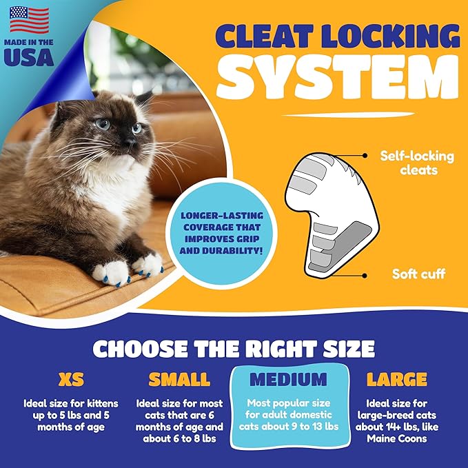 Soft Claws Cat Nail Caps for Medium Cats – (40 Caps, Blue & Orange) - Made in USA - Veterinarian-Developed | Protects Furniture & Skin - Easy to Apply, Long-Lasting Anti-Scratch Soft Cat Claw Covers