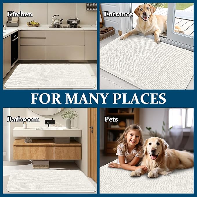 OLANLY Dog Door Mat for Muddy Paws 36x24, Absorbs Moisture and Dirt, Absorbent Non-Slip Washable Doormat, Quick Dry Chenille Mud Mat for Dogs, Entry Indoor Entryway Carpet for Inside Floor, Ivory
