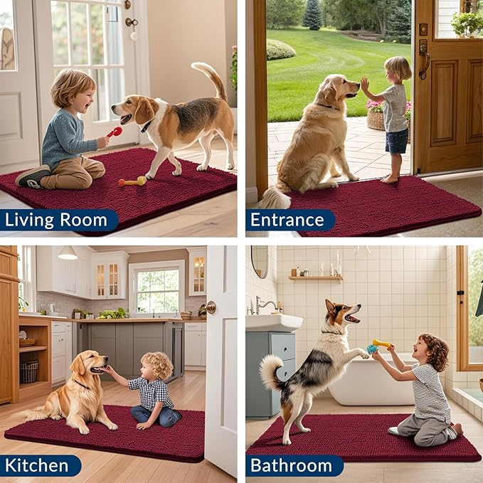 Smiry Dog Door Mat for Muddy Paws 59x24, Absorbs Moisture and Dirt Doormat, Non-Slip Washable Quick Dry Chenille Front Door Mat Indoor Entrance, Entryway Carpet for Inside Floor, Burgundy