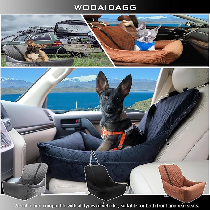 Dog Car Seat for Small Dogs Up to 25 lbs,Covered Ultra-Soft Fabric and Fill in Memory Foam,Fully Detachable and Washable,2 Clip-On Safety Leashes and Storage Pockets(Black)