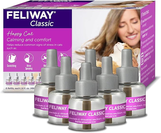 FELIWAY® Classic 6 x 30 Day Cat Calming Refills for Pheromone Diffuser, 6 x 48ml Value Pack - Helps Reduce Common Signs of Stress in Cats & Kittens, Enhanced Calming