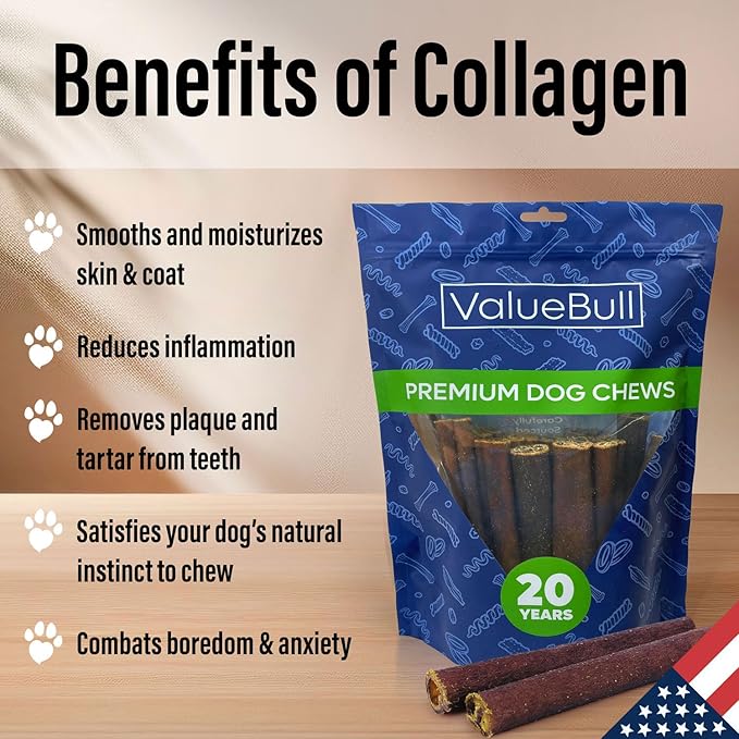ValueBull USA Collagen Sticks for Dogs, 6 Inch Medium Chews, Natural Long-Lasting Dog Treats, 100 Count Bulk Pack - Promotes Joint, Skin & Coat Health with Glucosamine and Chondroitin