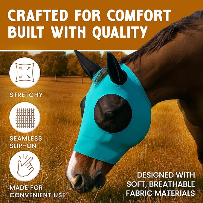 Horse Fly Mask - Durable Equine Fly Mask with Full Coverage for Eye & Ear - Stretchable, UV & Sun Protection Flymask for Horses, Ponies & Mini Horses - Horse Face Cover for Pasture & Trail - Green