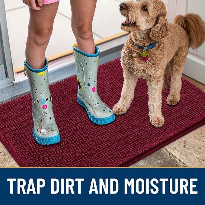 Smiry Dog Door Mat for Muddy Paws 47x32, Absorbs Moisture and Dirt Doormat, Non-Slip Washable Quick Dry Chenille Front Door Mat Indoor Entrance, Entryway Carpet for Inside Floor, Burgundy