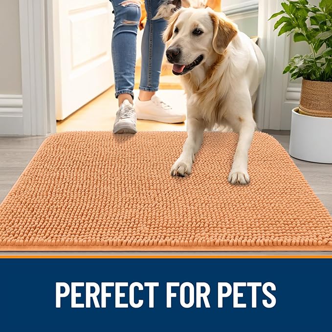 OLANLY Dog Door Mat for Muddy Paws 59x32, Absorbs Moisture and Dirt, Absorbent Non-Slip Washable Doormat, Quick Dry Chenille Mud Mat for Dogs, Entry Indoor Entryway Carpet for Inside Floor, Orange