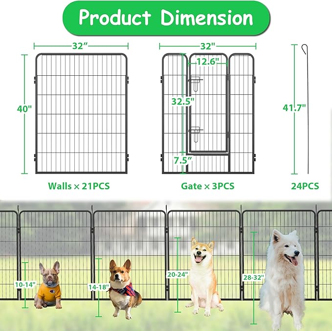 Dog Playpen, Outdoor Dog Fence, 24 Panels, 40" H Dog Pen for Medium/Small Dogs, Heavy Duty Metal Pet Fence with Gate, Portable Dog Fence for RV Camping and Yard (Black)