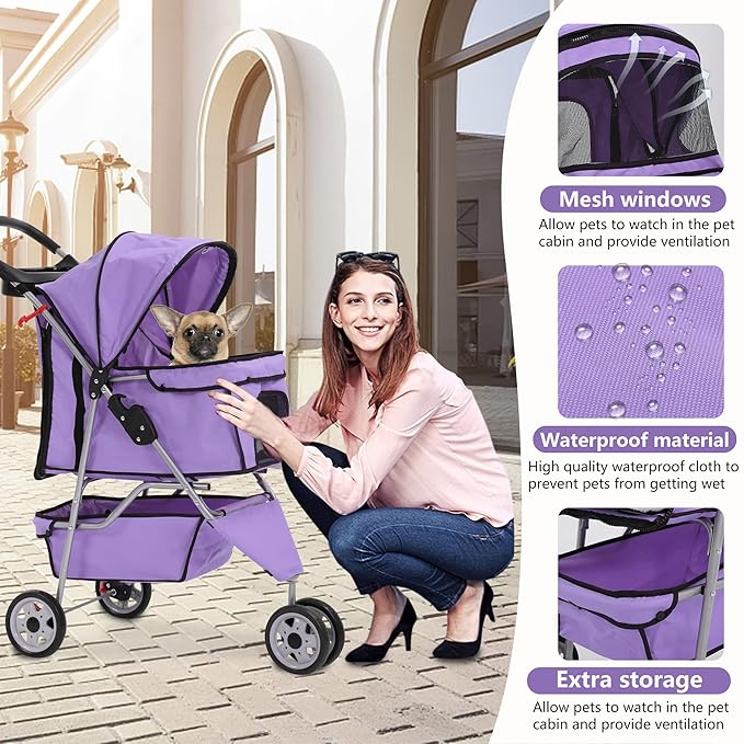 Dog Stroller,3 Wheels Travel Folding Pet Strollers for Small Medium Dog Cat Jogger Stroller with Storage Basket Removable Liner Purple