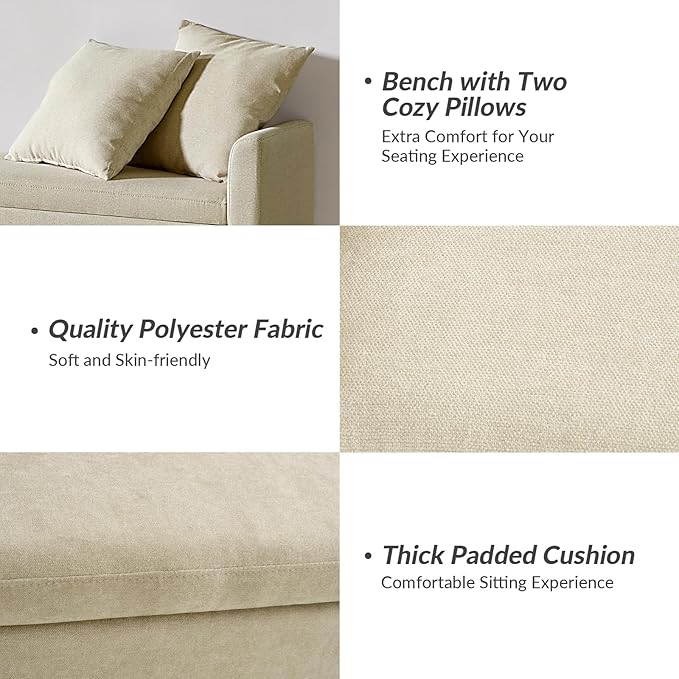 HULALA HOME Modern Storage Bench with Throw Pillows, 59.4" Extra Long Bedroom Ottoman Bench for End of Bed, Comfy Upholstered Footstool for Entryway Dining Room Living Room, Beige