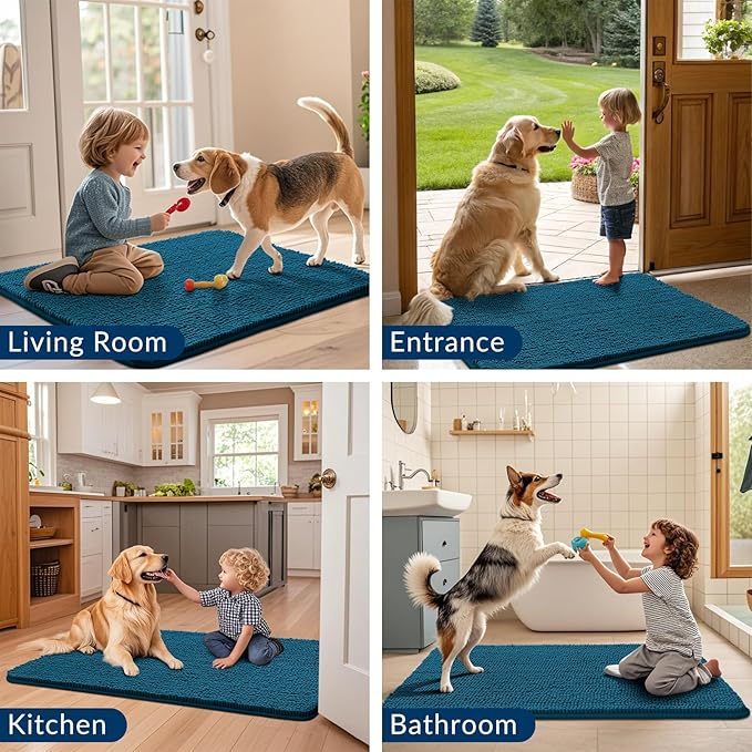 Smiry Dog Door Mat for Muddy Paws 70x24, Absorbs Moisture and Dirt Doormat, Non-Slip Washable Quick Dry Chenille Front Door Mat Indoor Entrance, Entryway Carpet for Inside Floor, Atlantic Blue
