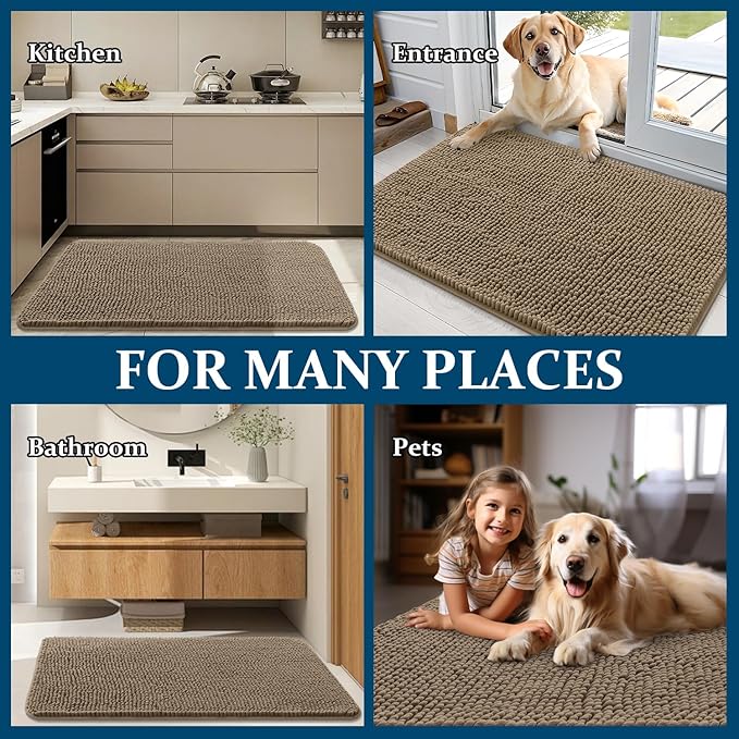 OLANLY Dog Door Mat for Muddy Paws 54x24, Absorbs Moisture and Dirt, Absorbent Non-Slip Washable Doormat, Quick Dry Chenille Mud Mat for Dogs, Entry Indoor Entryway Carpet for Inside Floor, Tan
