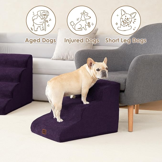 EHEYCIGA Curved Dog Stairs Ramp for Small Dogs 15.7" H, 3-Step Dog Steps for Couch Sofa and Chair, Pet Stairs for Cats, Non-Slip Balanced Pet Steps Indoor, Purple