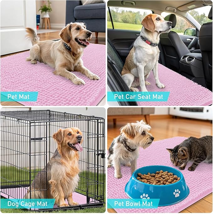 OLANLY Dog Door Mat for Muddy Paws 44x24, Absorbs Moisture and Dirt, Absorbent Non-Slip Washable Doormat, Quick Dry Chenille Mud Mat for Dogs, Entry Indoor Entryway Carpet for Inside Floor, Pink