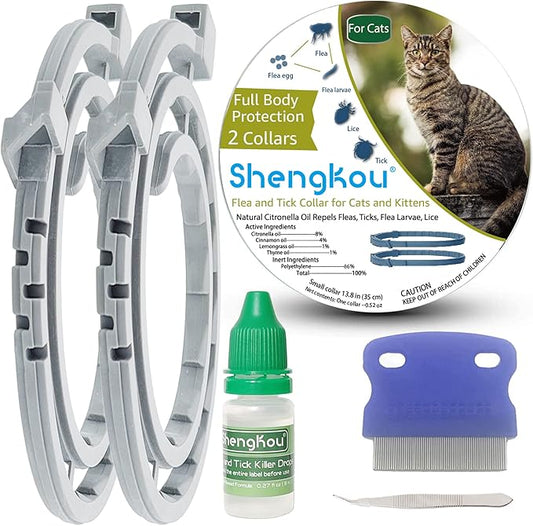 Flea and Tick Collar for Cats, Natural Plant-Based Ingredients for Treatment and Prevention, Safe and Waterproof, with Free Flea Comb, Tick Tweezer, and Treatment Prevention Drops, 13.8 in (2 Packs)