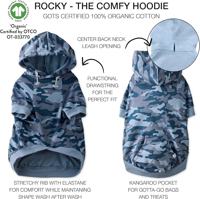 Rocky – The Orginal Lightweight Hooded TEE 100% Organic Cotton Dog Hoodie Pet Coat Sweater for Small, Medium, Large Dogs, Navy Camo, X-Small