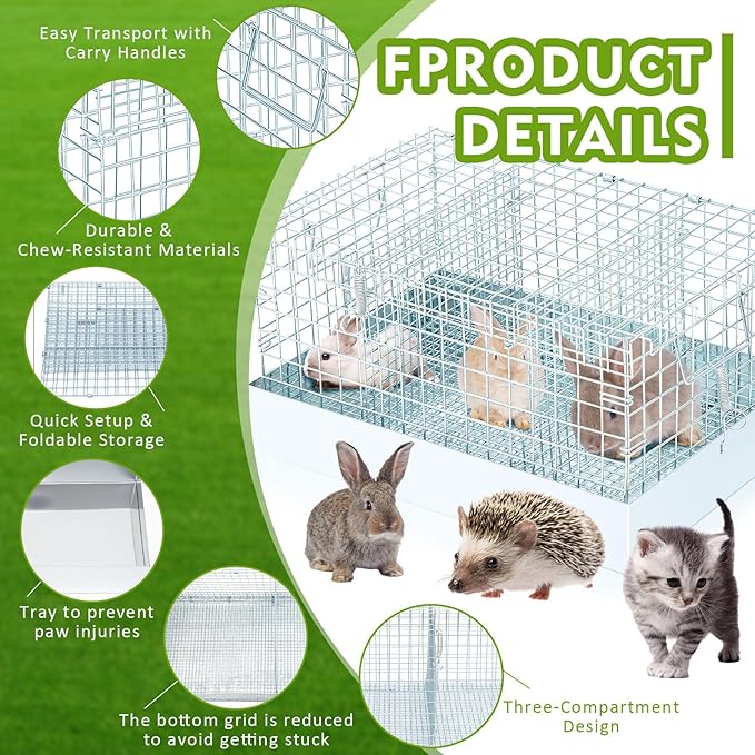 Folding Rabbit Cage, 18 x 12 x 10 in Portable Bunny Carrier with Tray and Handles for Transport, Travel or Temporary Housing, Indoor Outdoor Pet Habitat Animal Enclosure