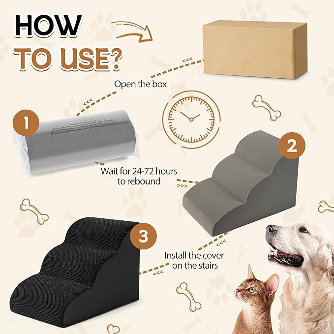 Romrol Dog Stairs Ramp for High Beds Couches, High Density Foam Pet Steps with Durable Non-Slip Waterproof Fabric Cover, Dog Stairs for Small Dogs or Cats or Pets, 3-Step,15 Inch,Black