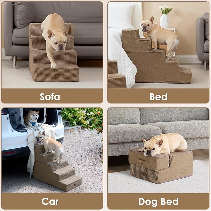 EHEYCIGA Dog Stairs for Small Dogs 13.5" H, 3-Step Dog Steps for Couch Sofa and Chair, Pet Steps for Medium Cats, Non-Slip Balanced Pet Ramp Indoor, Camel