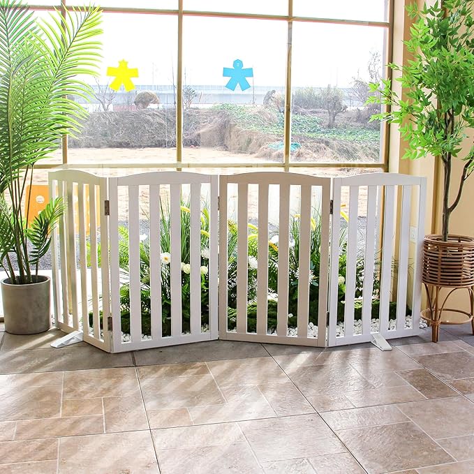 ZJSF Foldable Freestanding Indoor Dog Gate for House Wood White Long Pet Gates Dog Fence for Stairs Puppy Gates for Hallways,Pet Fence, Puppy Gate,Support Feet Included 32 "Height-6 Panels