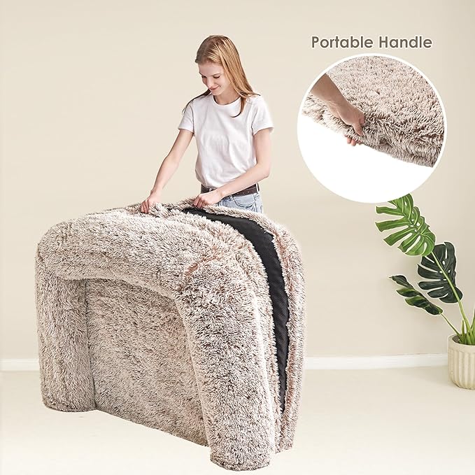 EHEYCIGA Foldable XXL Dog Bed, Faux Fur Fluffy Pet Couch Bed for Extra Large Dogs, Orthopedic Calming Memory Foam Pet Bed, Washable Soft Pet Sofa Bed with Non-Slip Bottom, Faded Brown, 54"x38"x7.5"