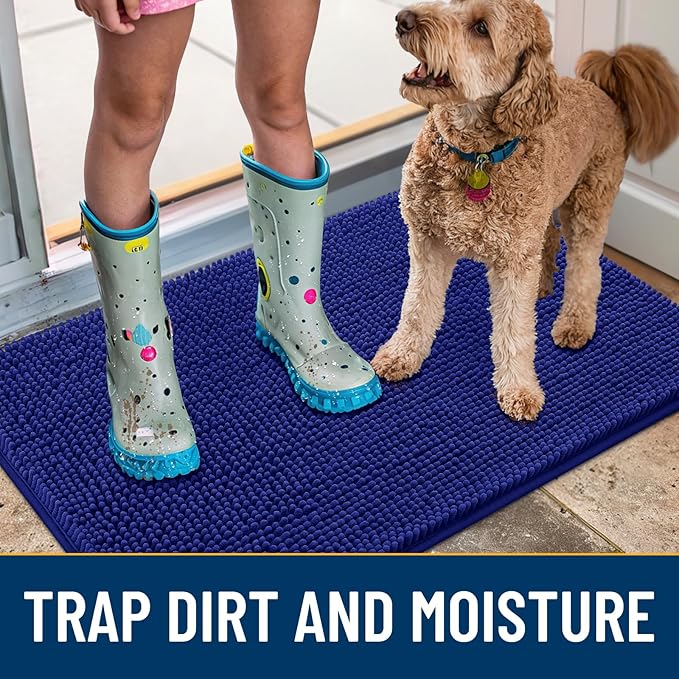 Smiry Dog Door Mat for Muddy Paws 47x24, Absorbs Moisture and Dirt Doormat, Non-Slip Washable Quick Dry Chenille Front Door Mat Indoor Entrance, Entryway Carpet for Inside Floor, Navy Blue