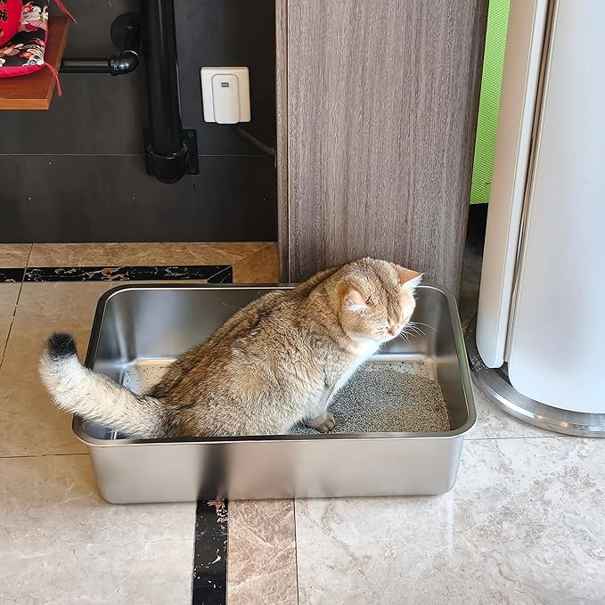 Stainless Steel Cat Litter Box 2 Pack,XL Metal Litter Box for Big Cats, Cat LitterBox Metal Pet Toilet Easy to Clean,High Sided Litters Boxes Adult Big Cats,Non Stick, No Smell,23.6"x15.8"x6"