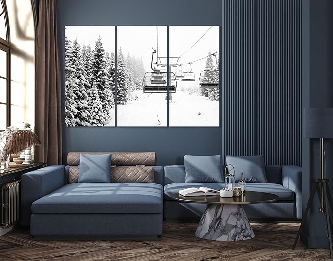 Nature Wall Art Prints - Ocean Forest Mountain Lake Canvas Landscapes - Small to Extra Large Living Room Bedroom Kitchen Bathroom Décor (Ski Lift on Snowy Mountain, 55L" x 83W"- 3 Panels)