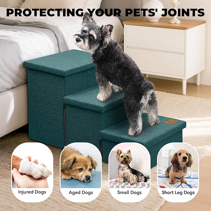 Dog Stairs with Storage 18" H, 3-Step Wider Dog Steps for Small/Medium/Large Old Dogs Cats, Folding Sturdy Pet Stairs for Climbing Bed Couch, Ramp for Car Hold Up to 200 lbs, Dark Green