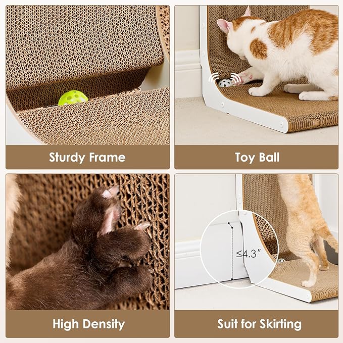 EHEYCIGA Cardboard Cat Scratcher for Indoor Cats, 26.8 Inch L Shaped Vertical Cat Scratching Board with Ball Cat Toy, Large Cat Scratcher Pad, White