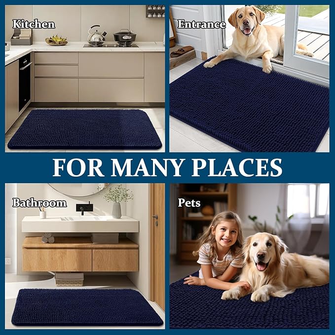 OLANLY Dog Door Mat for Muddy Paws 59x32, Absorbs Moisture and Dirt, Absorbent Non-Slip Washable Doormat, Quick Dry Chenille Mud Mat for Dogs, Entry Indoor Entryway Carpet for Inside Floor, Navy Blue