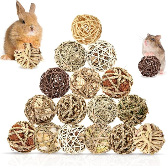 Bunny Chew Grass Balls, Rolling Chew Toys for Small Animals, Improving Dental Health, Natural Chew Grass Toys for Rabbits, Guinea Pigs, Chinchillas, Hamsters, Mice (16 Pcs)