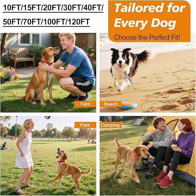 Tresbro 70 FT Dog Tie Out Cable with Spring, Shock Absorbing Tether Chains for Outside Aavilable in 10/15/20/25/30/40/50/70/100/120 FT, Heavy Duty Leads for Yard for Medium & Large Dogs Up to 500 LBS