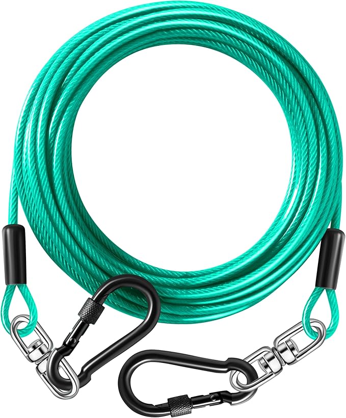 Dog Tie Out Cable 10FT-500Lbs,Heavy Duty Dog Leads&Tether for Yard with Swivel Hook,Small Large Dogs Leash Line for Outside,Rust Chew Proof Dogs Run Cable for Outdoor Camping (Green Cyan, 10FT)