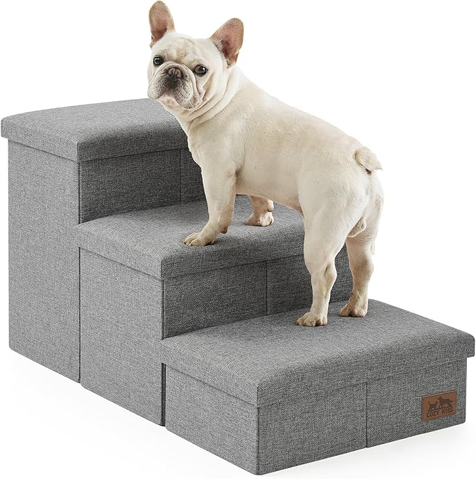 Dog Stairs with Storage, 3-Step Wider Sturdy Dog Steps for Small/Medium/Large Dogs and Older Cats, Folding Doggie Ramp for Bed/Couch/Car Hold Up to 180 lbs (16.7" H, Grey)
